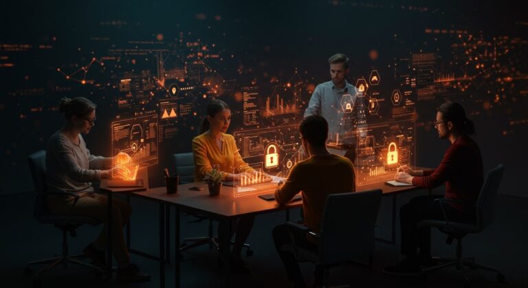 Equipo técnico colaborando en entorno digital avanzado que ilustra sistemas operativos seguros y open source con metáforas visuales de virtualización y escalabilidad.