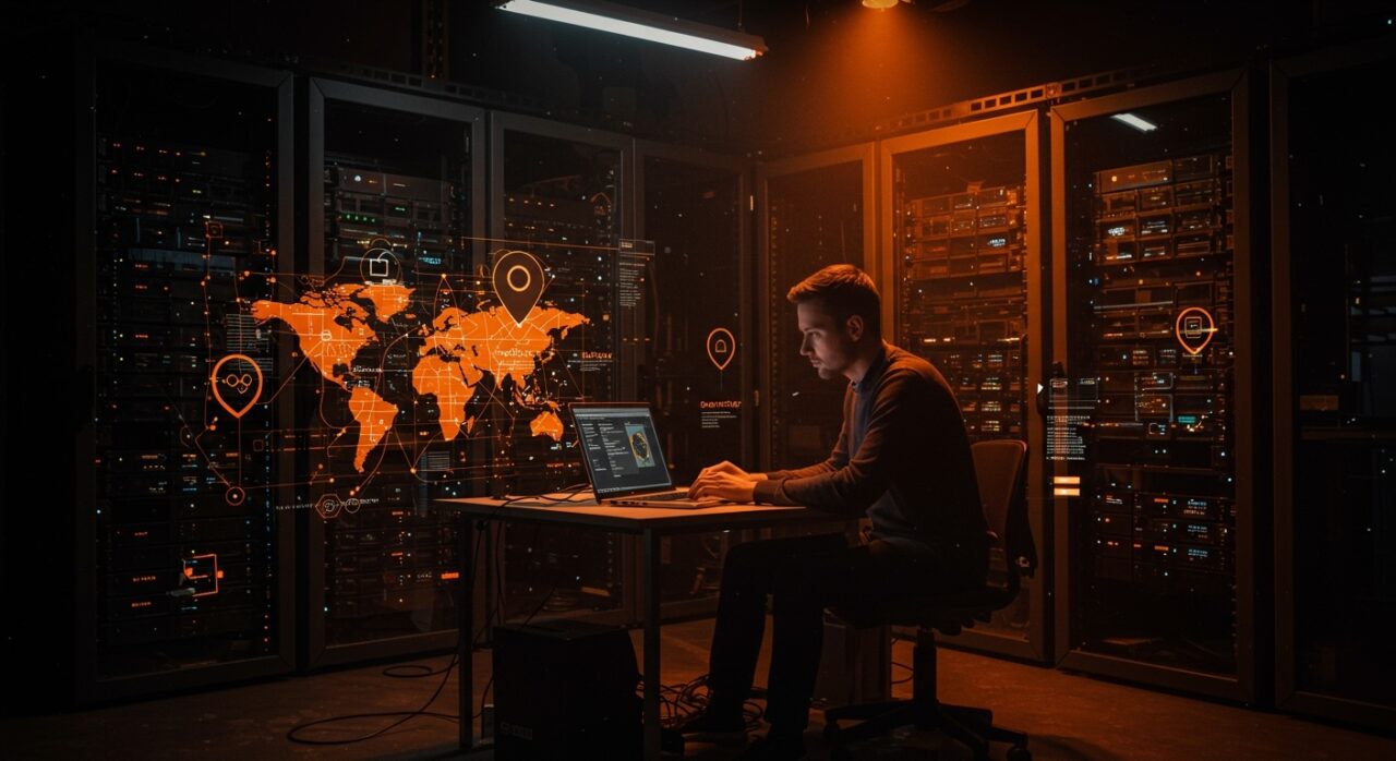 Emprendedor desplegando mapas offline y geocodificación en edge computing con Docker Compose, garantizando privacidad en soluciones de IoT.