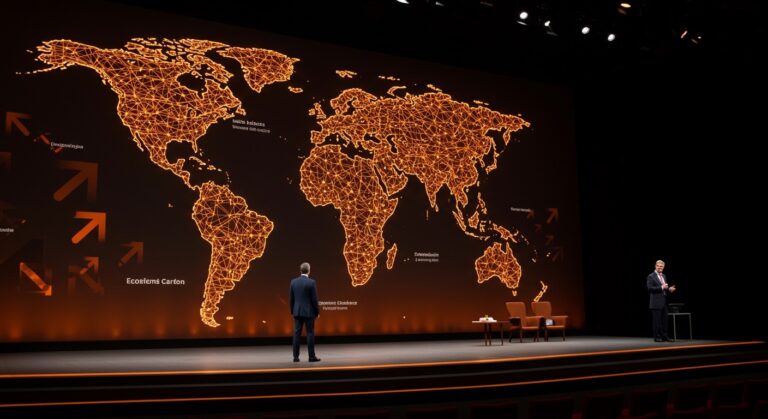 Carney en Davos presentando claves sobre geopolítica y alianzas estratégicas que redefinen la economía global para startups latinoamericanas.