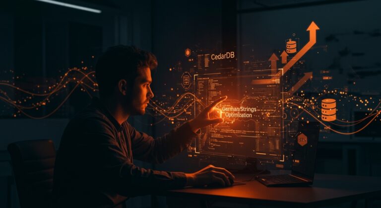 Optimización avanzada con German Strings en bases de datos CedarDB, ilustrando mejora de rendimiento y escalabilidad en desarrollo de software.