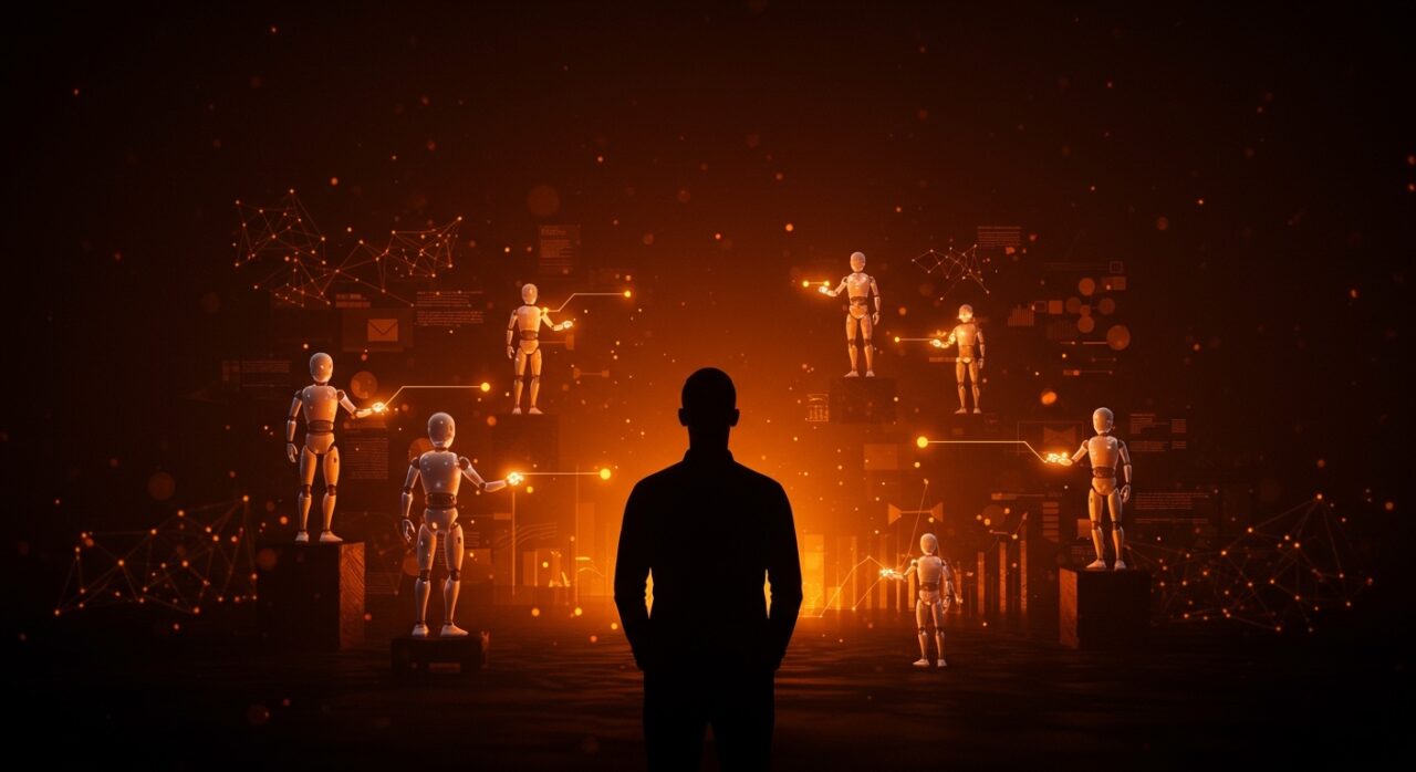 Founder de startup gestionando agentes inteligentes con inteligencia artificial para multiplicar eficiencia y liderazgo en tecnología y automatización.