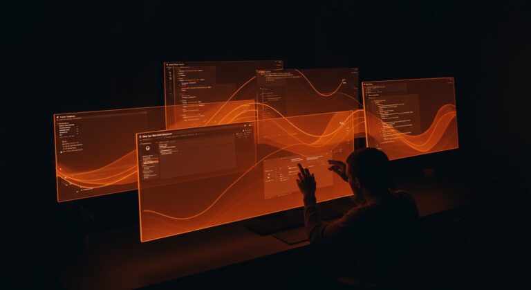 Desarrollador interactuando con gestores de ventanas deslizantes en Linux, destacando innovación en UX y personalización tecnológica.