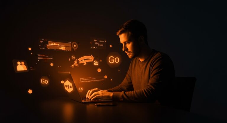 Founder SaaS trabajando con lenguaje Go en backend, destacando concurrencia y desarrollo de software en startup tecnológica.