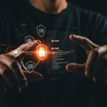 Ilustración editorial de manos programando con go.sum y go.mod en Go, destacando la seguridad y gestión de dependencias en software SAAS.