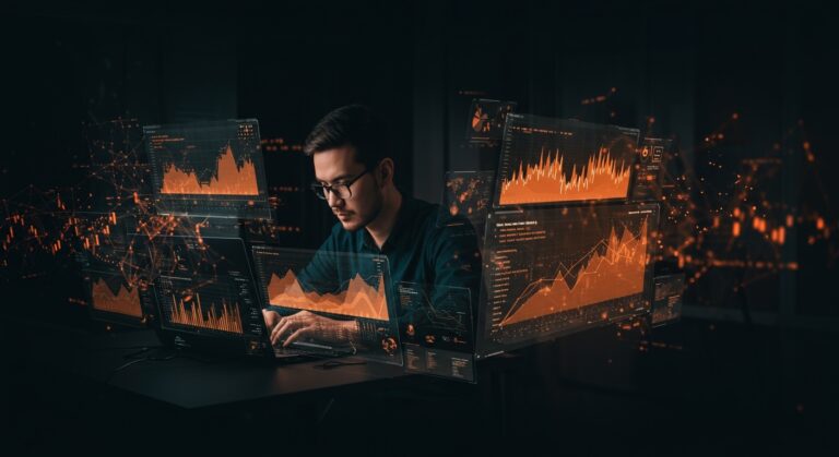 Ingeniero de software trabajando remotamente en fintech IA, con visualización de datos y equity en un entorno digital moderno.