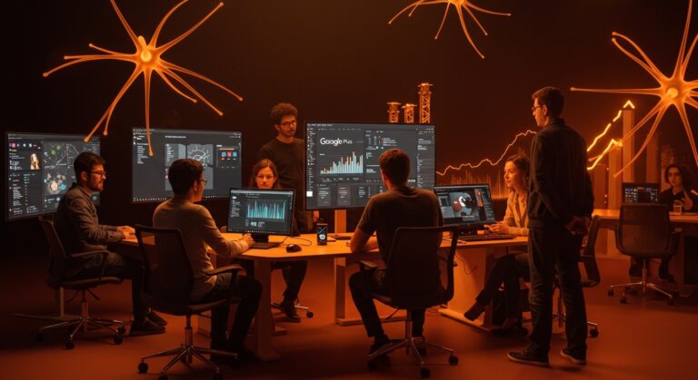 Fundadores de startups tecnológicas usando Google AI Plus con Gemini 3 Pro, representando herramientas IA accesibles y automatización en el mercado global LATAM.