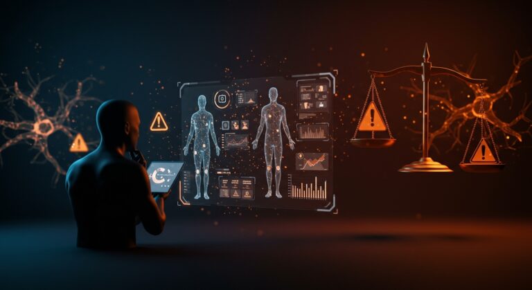 Google y la IA en salud ilustrados con interfaz médica holográfica y símbolos de ética y validación en tecnología de inteligencia artificial.