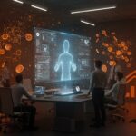 Inversión de Google Ventures en Synthesia con IA aplicada a formación corporativa y automatización, representado por hologramas y redes neuronales en tonos naranja y negro.