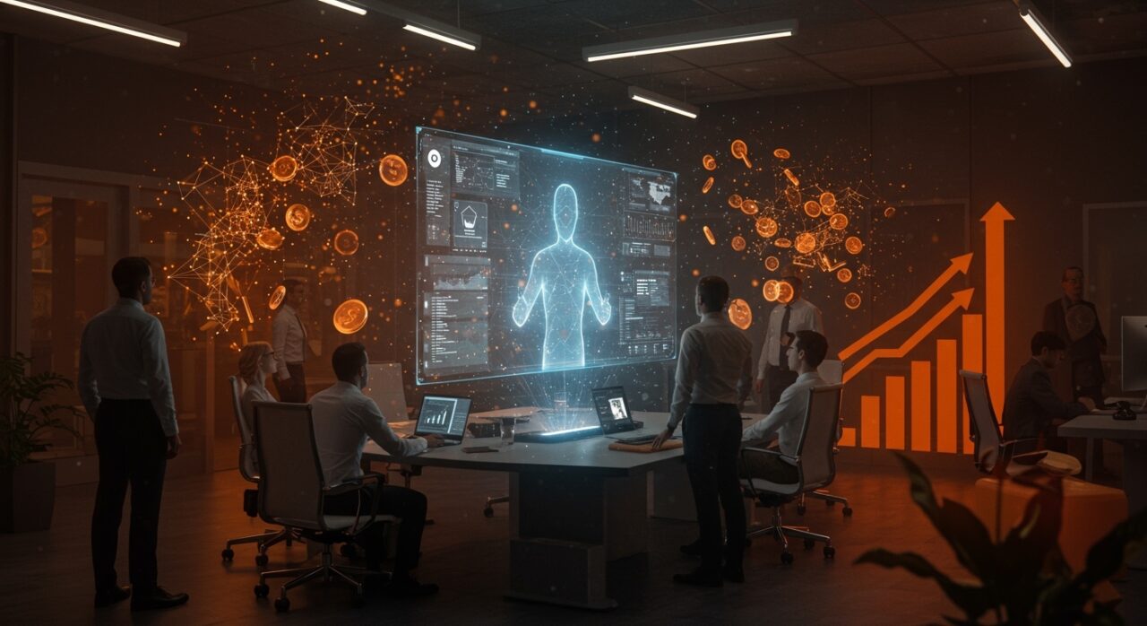 Inversión de Google Ventures en Synthesia con IA aplicada a formación corporativa y automatización, representado por hologramas y redes neuronales en tonos naranja y negro.