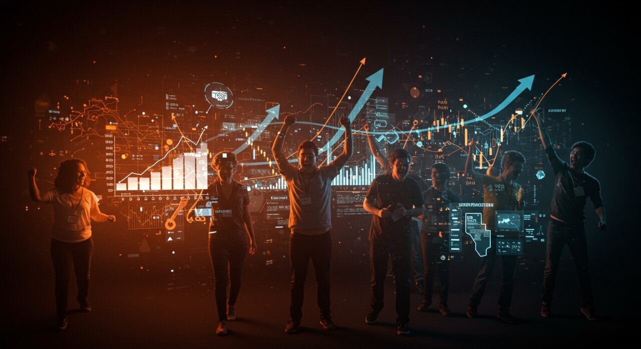 Founders celebrando en programa de aceleración de startups de la Universidad Católica con símbolos de funding y crecimiento en ecosistema LATAM.