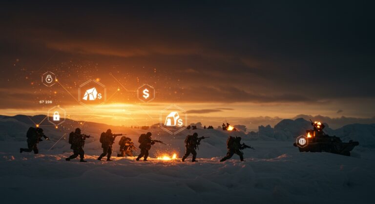 Tropas europeas desplegadas en Groenlandia con simbolismos de geopolítica ártica y recursos tecnológicos para startups.