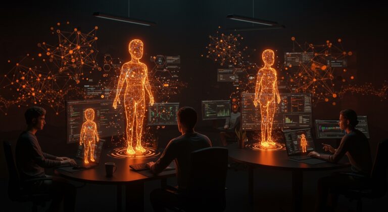 Equipo de desarrollo colaborando con agentes IA open source para optimizar proyectos y conocimiento compartido.