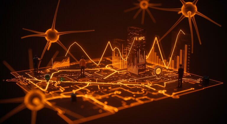 Economía dinámica en GTA 6 representada con mercado reactivo e IA en un entorno digital open-world, destacando innovación tecnológica.