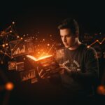 Fundador de startup interactuando con un playbook digital futurista que ilustra la distribución y crecimiento en IA con influencia de GTMfund en LATAM.