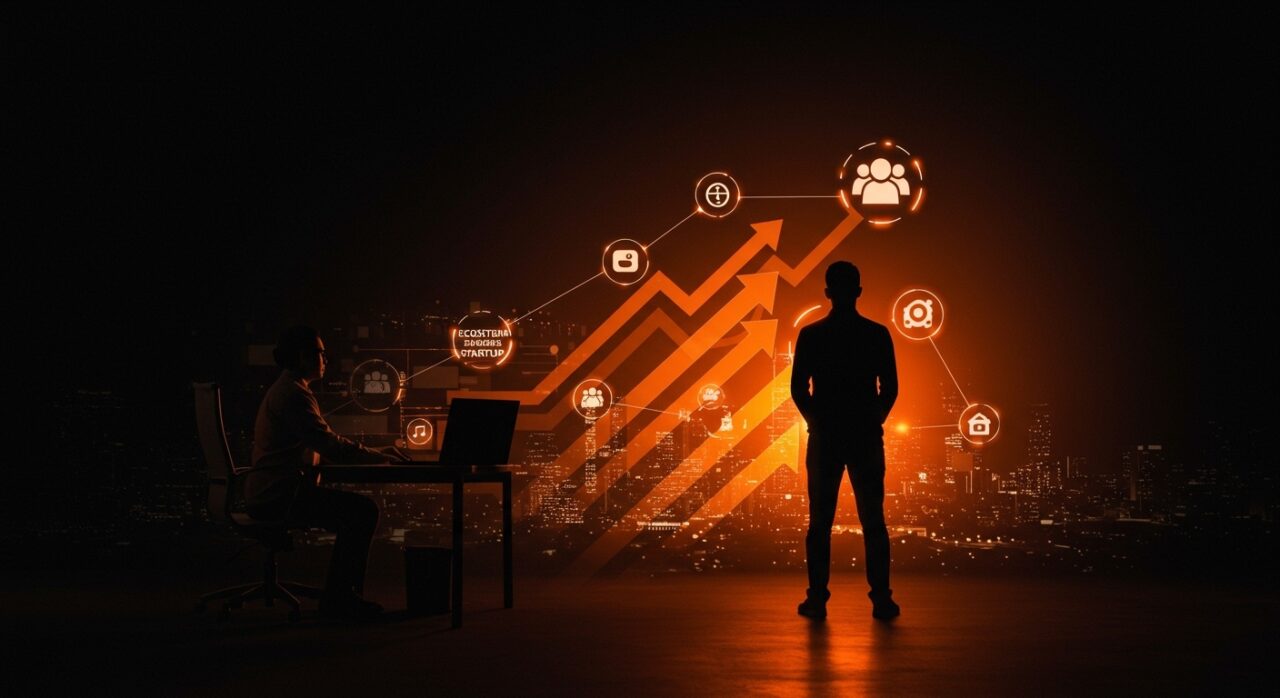 Emprendedor hispano en transición de empleado a fundador, representando crecimiento y networking en el ecosistema startup.