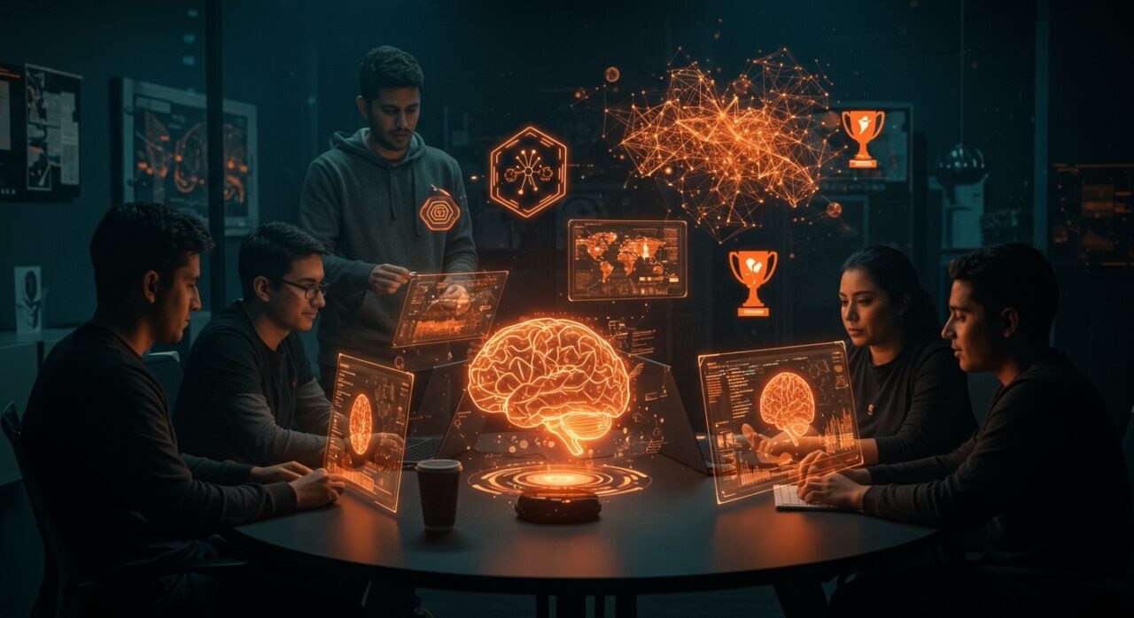 Hackathon de IA Vibe con founders hispanos colaborando en innovación tecnológica y mentoría en inteligencia artificial.