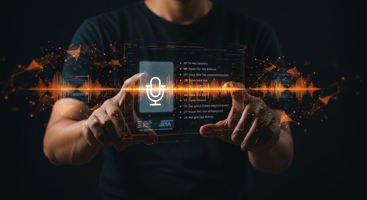 App open source de speech-to-text offline mostrando automatización y privacidad en startups con interfaz holográfica y ondas de sonido digitales.