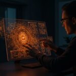 Herramientas IA para diseño PCB mostrando un ingeniero analizando esquemáticos digitales con IA y automatización de hardware en un entorno tecnológico avanzado.