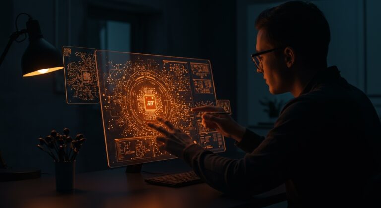 Herramientas IA para diseño PCB mostrando un ingeniero analizando esquemáticos digitales con IA y automatización de hardware en un entorno tecnológico avanzado.