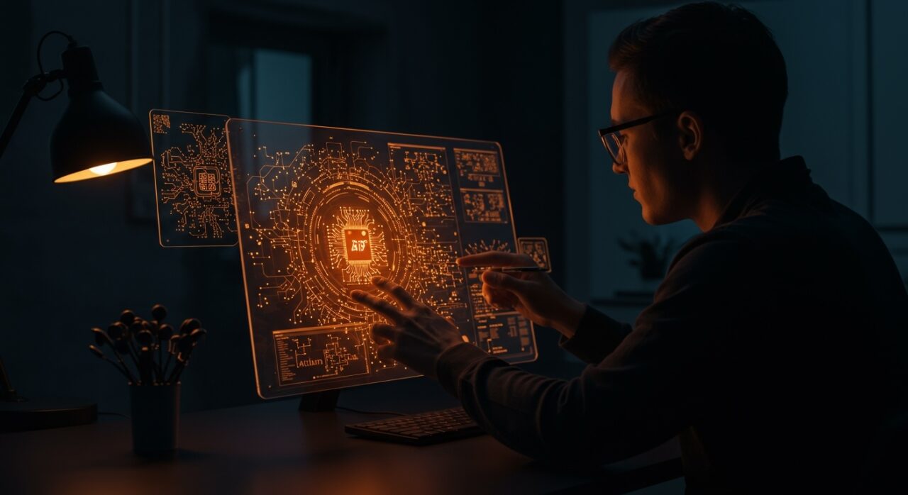 Herramientas IA para diseño PCB mostrando un ingeniero analizando esquemáticos digitales con IA y automatización de hardware en un entorno tecnológico avanzado.