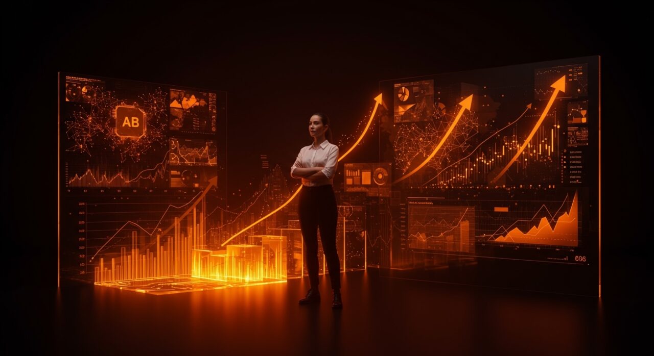 Emprendedora frente a gráficos de valuación unicornio y redes neuronales de video IA simbolizando financiación y crecimiento en startups tecnológicas.