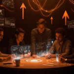 Fundadores fintech colaborando ante mesas digitales futuristas con gráficos de hubs de innovación y crecimiento de startups en Latinoamérica 2026.