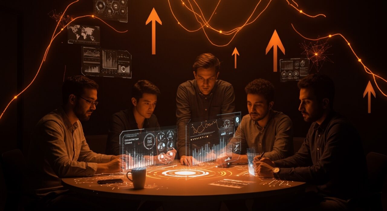 Fundadores fintech colaborando ante mesas digitales futuristas con gráficos de hubs de innovación y crecimiento de startups en Latinoamérica 2026.