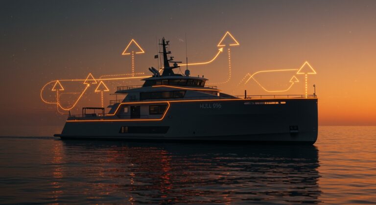 Barco eléctrico Hull 096 simbolizando innovación tecnológica y sostenibilidad en transporte marítimo con iluminación naranja y negra.