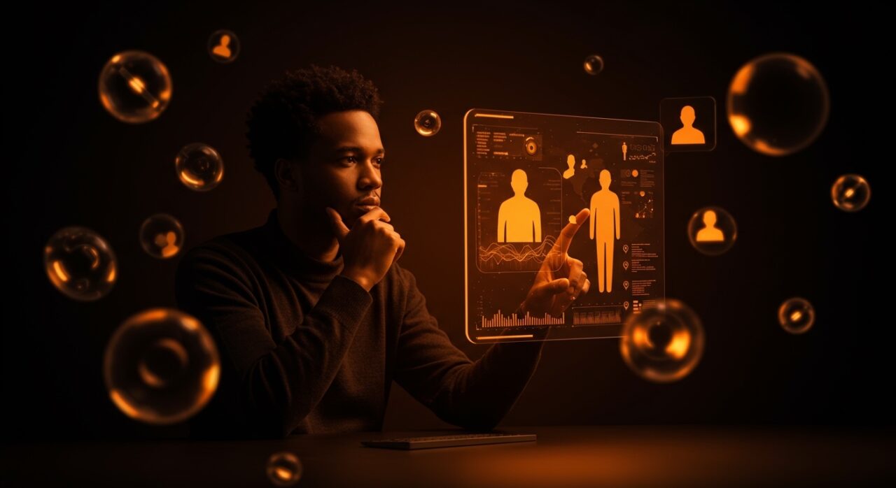 Diseñador interactuando con interfaz modeless futurista que representa la computación humana y el legado de Jef Raskin en startups tecnológicas.