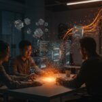 Ingenieros fundadores trabajando en IA y COBOL en una startup de modernización de sistemas legacy con ambiente tecnológico innovador.