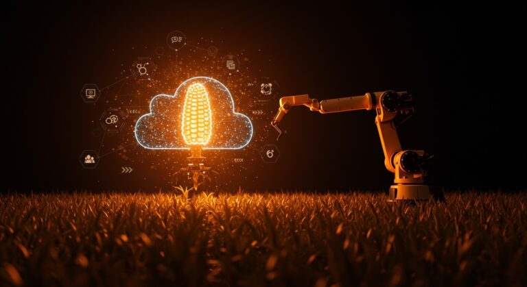 Visual innovador de IA aplicada y automatización agrícola en cultivo de maíz con sistema orquestado open source.