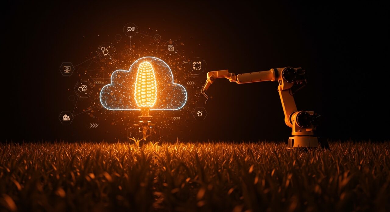 Visual innovador de IA aplicada y automatización agrícola en cultivo de maíz con sistema orquestado open source.