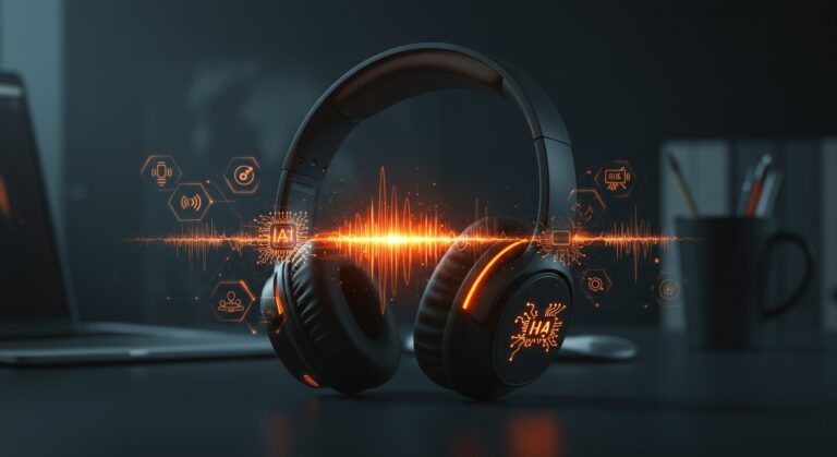 Auriculares con tecnología de IA aplicada y cancelación de ruido destacando innovación en hardware para startups tecnológicas.