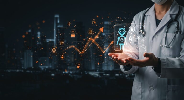 Interfaz holográfica de chatbot médico IA en manos de doctor, simbolizando la innovación y automatización en salud digital en China con impacto tecnológico.