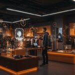 Escena futurista en tienda JD Sports con IA aplicada y chatbots, simbolizando innovación y tendencias en retailtech.