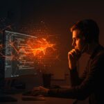 Desarrollador tecnológico balanceando código generado por IA y programación manual en startups, mostrando automatización y calidad de software.