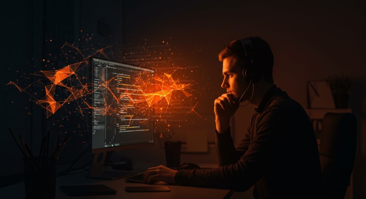 Desarrollador tecnológico balanceando código generado por IA y programación manual en startups, mostrando automatización y calidad de software.