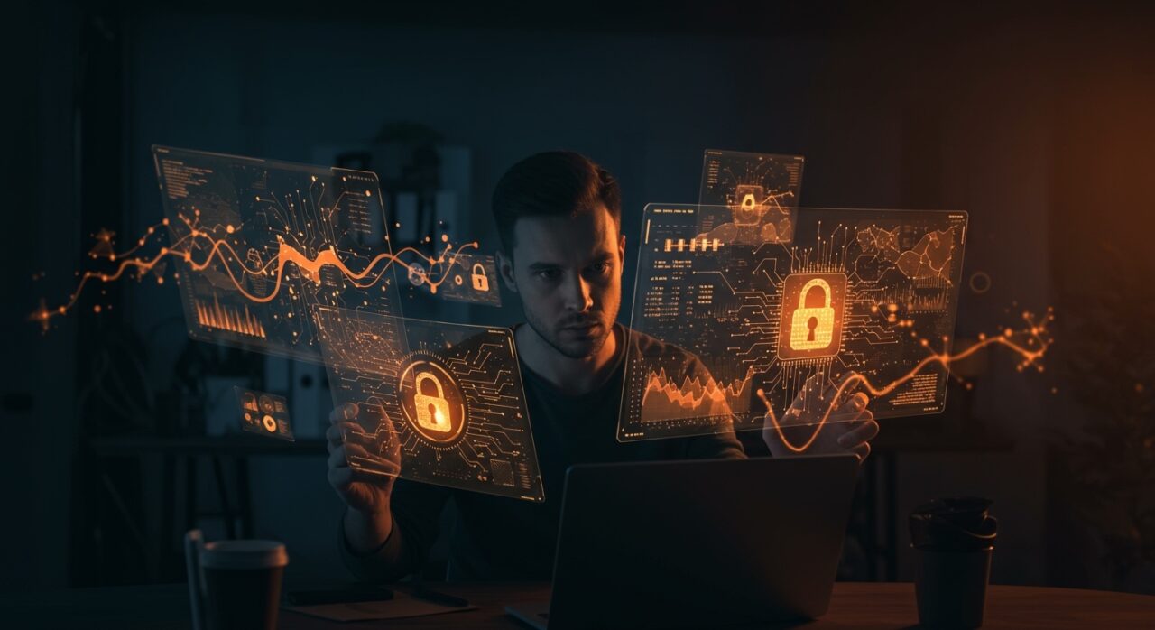 Fundador de startup tech frente a pantallas digitales, representando riesgos y automatización en ciberseguridad con IA.