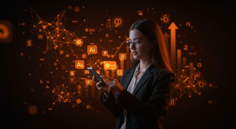 Imagen editorial de IA conversacional para práctica de idiomas mostrando una app móvil innovadora en un entorno tecnológico naranja y negro, destacando aprendizaje de idiomas y startups EdTech.