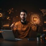 Desarrollador de software interactuando con hologramas de IA generativa que simbolizan productividad y desarrollo sostenible en tecnología.