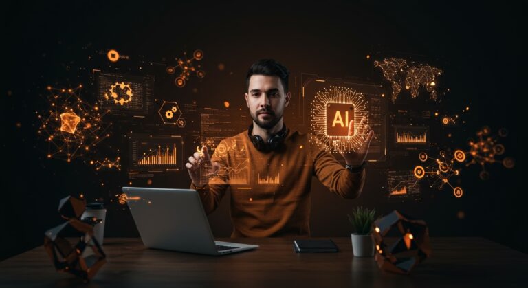 Desarrollador de software interactuando con hologramas de IA generativa que simbolizan productividad y desarrollo sostenible en tecnología.