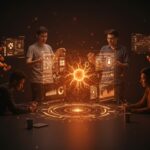 Equipo de startup colaborando con holograma de IA generativa y machine learning en ambiente tecnológico innovador.