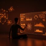 Figura contemplativa interactuando con interfaz digital que muestra algoritmos de IA para medir manipulación e intención del usuario en contexto ético y regulatorio.