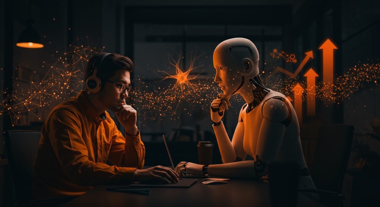 Ingeniero de software colaborando con inteligencia artificial en un entorno startup, simbolizando la transformación laboral tecnológica y innovación en software.