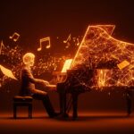 Fusión artística entre inteligencia artificial y música clásica con símbolos de IA creativa y composición musical innovadora.