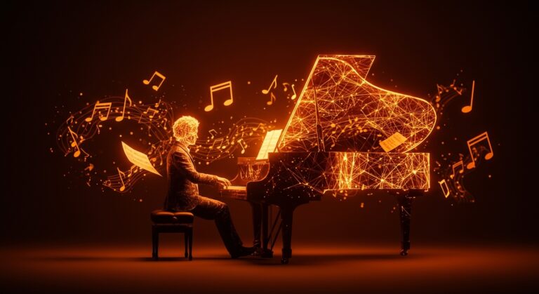 Fusión artística entre inteligencia artificial y música clásica con símbolos de IA creativa y composición musical innovadora.