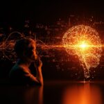 Investigación matemática avanzada y limitaciones de la inteligencia artificial en modelos de lenguaje según Hamkins, representado con símbolos matemáticos y redes neuronales abstractas en paleta naranja y negra.