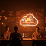 Equipo tecnológico automatizando backup de fotos en iCloud con herramientas open source y diseño en paleta naranja y negro.