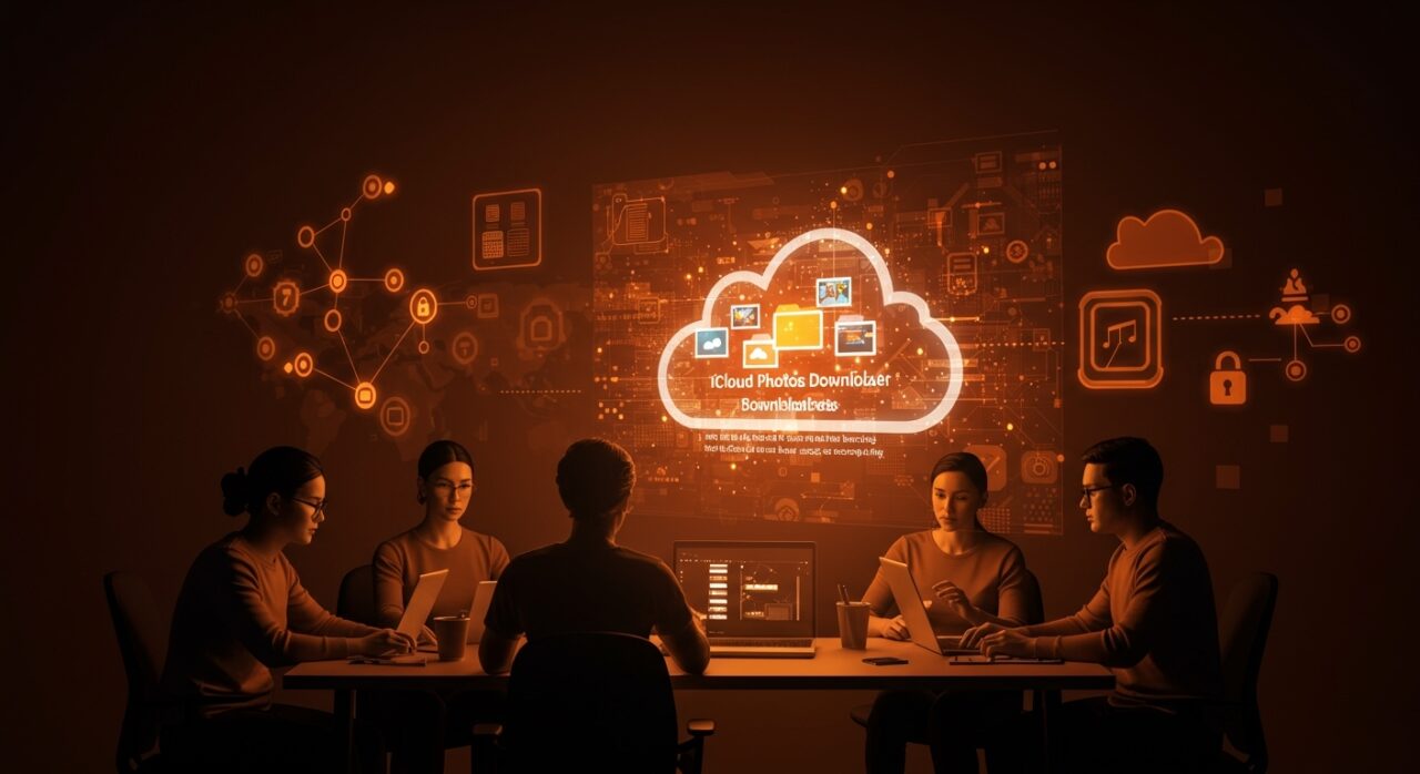 Equipo tecnológico automatizando backup de fotos en iCloud con herramientas open source y diseño en paleta naranja y negro.