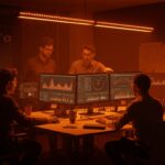 Equipo de startup trabajando bajo iluminación LED naranja que mejora la salud ocular y la productividad laboral.
